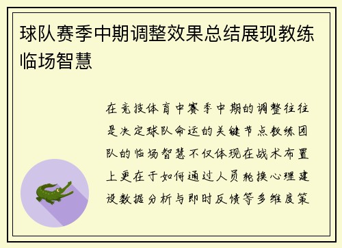球队赛季中期调整效果总结展现教练临场智慧
